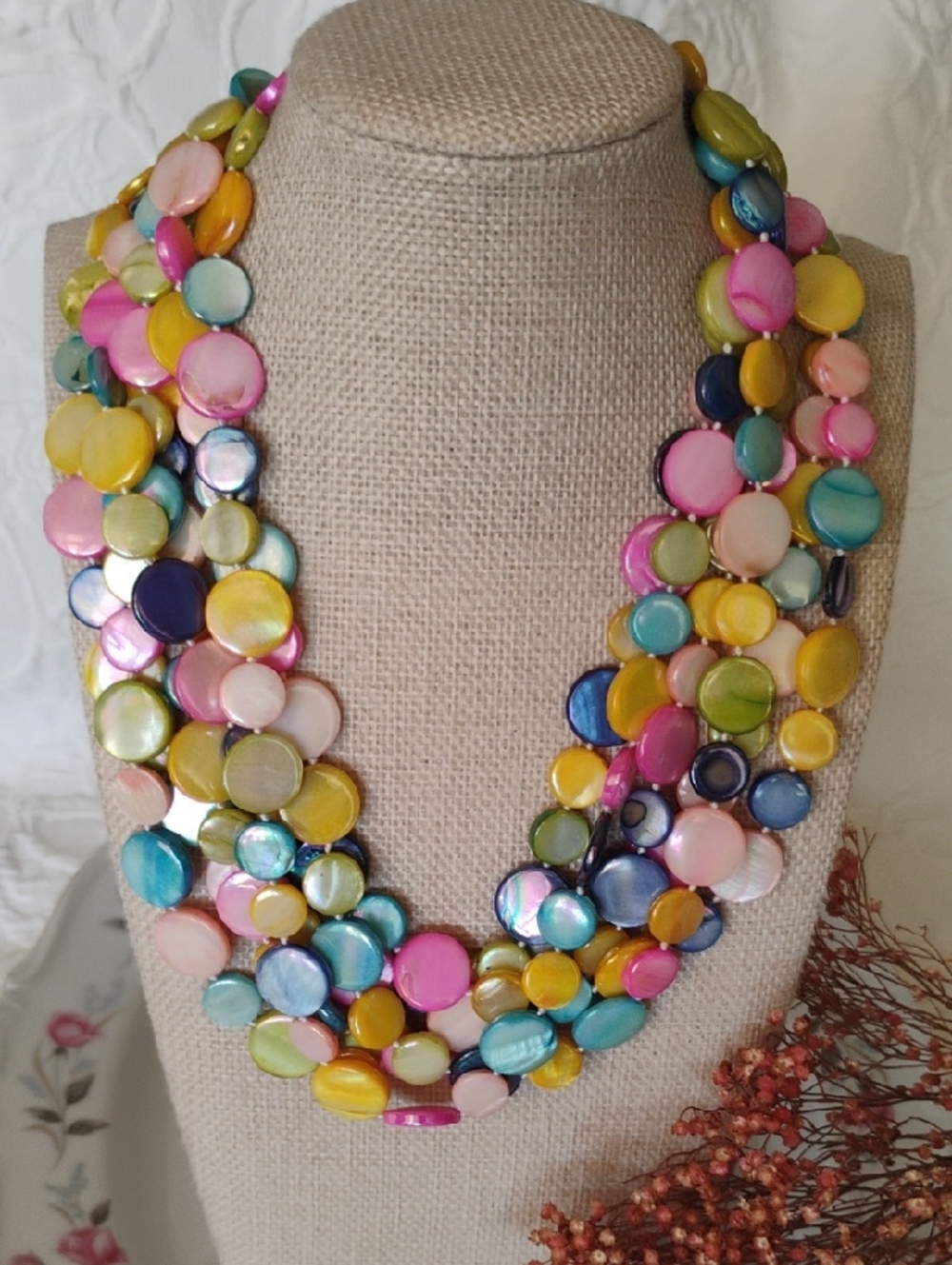 Mother Pearl Spring Multicolor Six Strand Statement Chocker Style Neklace
